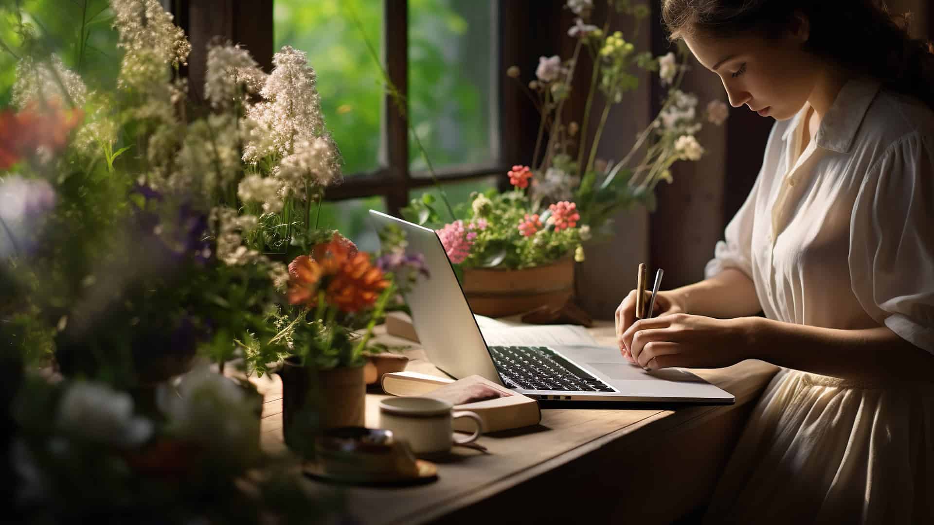 Young woman writing and typing on a laptop computer in a room full of flowers