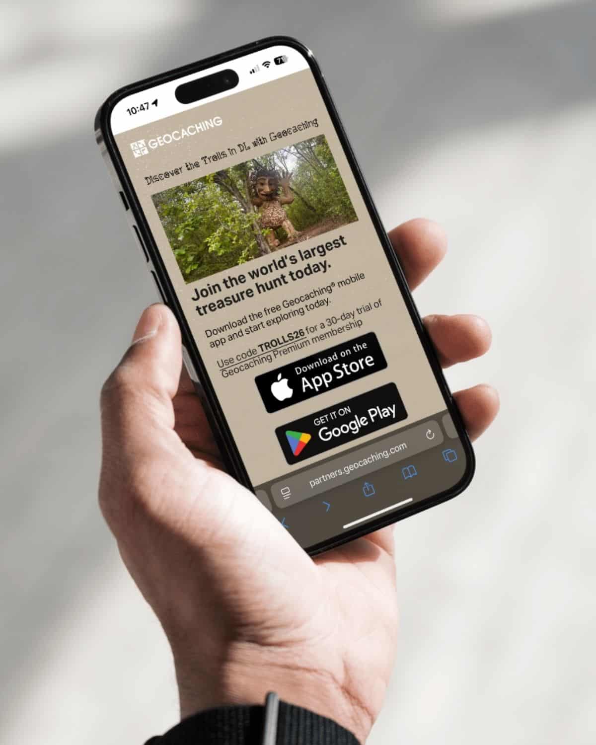 Trolls DL Geocaching app with code TROLLS26 to use on App Store or Google Play 